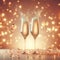 Peach fuzz Color 2024. Two champagne glasses on shiny bokeh lights background