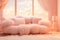 Peach fuzz interior with fluffy pink or peachy furniture and panoramic windows. Soft pink seating couch over soft pink clouds