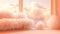 Peach fuzz interior idea with fluffy furniture and gentle embrace of the sky. Soft, ethereal pink seating against a majestic