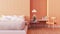 Peach Fuzz Orange wall color bedroom interior 2024 - 3D rendering