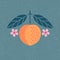 Peach illustration. Ripe peach with leaves and flowers on shabby background.