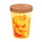 Peach jam, isolated glass round jar with lid and marinated pieces of peach in sugar syrup