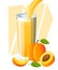 Peach juice. Fresh fruit drink in glass. Peach smoothies. Juice flow and splash in full glass. Vector illustration isolated on whi
