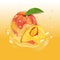 Peach juice splash. Fresh fruit 3d realistic vector illustration. Package design or poster