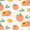 Peach macro fruit with leaves. Tropical nectarine wallpaper, juicy organic food pattern. Vitamin textile cover. Surface