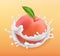 Peach and milk splash. Fruit and yogurt. 3d vector icon