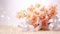 Peach orchids bouquet with ribbon bow on light background with bokeh. Banner with copy space. Perfect for poster