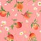 Peach pattern with daisy, tropic fruits, leaves, flowers background. seamless texture illustration in watercolor style