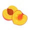 Peach ripe fruit cut in half, isolated halves of yellow sweet fresh peach or nectarine