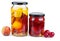 Peach slices and cherry plums canned in glass jar isolated on white