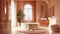 Peach Walls Bathroom with Freestanding Bathtub, Elegant Vanity, Arched Windows, and Chic Decor