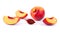 Peach whole and cut into four quarters on a white background isolated close up