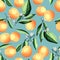 Peaches and apricots on tree branches, seamless pattern. Tropical summer fruit, on blue background.