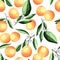 Peaches and apricots on tree branches, seamless pattern. Tropical summer fruit, on white background.