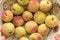 Peaches and colorful bowl. Fruits on wooden table. Overhead close up of fruit.