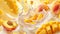 Peaches and mango splashing into milk, yogurt, and sour cream, a fruity spectacle, Ai Generated