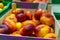 Peaches Packed boxes lying on the counter of the supermarket