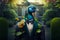 Peacock dressed in tuxedo with bow tie and bouquet of flowers. Generative AI