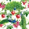 Peacocks, flowers, pomegranates, seamless patterns on a white background, colorful birds, watercolor drawing