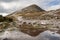 Peak of Croagh Patrick reflection in a paddle of water. Popular landmark for pilgrimage and hiking. County Mayo, Ireland. Clean