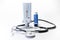 Peak flow meter, inhaler pump spray and a stethoscope, medical devices for patients with COPD, asthma and allergy, white