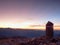 Peak of mountain, Apine gravel cliff. Colorful daybreak horizon