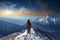 Peak triumph Hiker stands atop a majestic snowy mountain