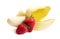 Pealed Banana and Strawberries on a White Background