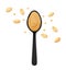 Peanut butter in a black spoon isolated on white background. Top view