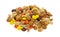 Peanut butter chips and candy trail mix on white background