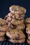 Peanut Butter Chocolate Chip Cookies Stacked on Wire Rack