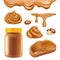 Peanut butter. Healthy dessert chocolate protein oily cream for sandwich spread caramel food vector realistic pictures