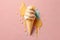 Peanut butter ice cream cone illustration melting on a pink background