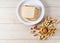 Peanut butter open sandwich or toast , concept breakfast for vegetarians
