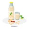 Peanut milk in jug and glass. Plant milk, vegan milk concept. Vector illustration isolated on white background