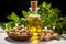 Peanut oil bottle amidst peanuts and lush green leaves, a delightful display