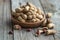 Peanut in shell texture and background. Peanuts texture. Shelled Peanuts. Healthy food. Close up view of shelled peanuts in wooden