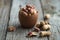 Peanut in shell texture and background. Peanuts texture. Shelled Peanuts. Healthy food. Close up view of shelled peanuts in wooden