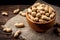 Peanut in the shell in wooden bowl on dark wooden background