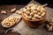 Peanut in the shell in wooden bowl on dark wooden background