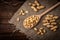 Peanut in the shell in wooden bowl on dark wooden background