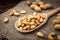 Peanut in the shell in wooden bowl on dark wooden background