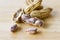 Peanut in shells and wooden background close up Boiled peanuts