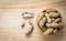 Peanut in wooden bowl wood background top view / Boiled peanuts