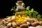 Peanuts adorned with leaves beside a bottle of golden, flavorful peanut oil