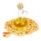 Peanuts and oil in bottle on white background
