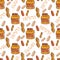 Peanuts seamless pattern with cute butter jar. Sketched nuts hand drawn vector background.