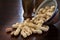 Peanuts in shells and rustic ceramic tableware on a dark table