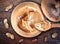 Peanuts in a wooden pot on a wooden table, peanuts, closeup,wooden spoon.