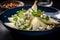 Pear and blue cheese salad on dark blue ceramic plate on dark table, close-up. Pear salad made from microgreens, pear slices,